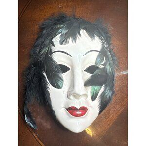 NAO Ceramic Mask 9" Black Feathers & Red Lips "Asian" or "Mardi Gras"      68-59